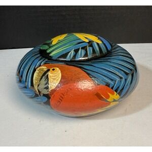 Vintage MCM Painted Parrot Wooden Trinket Box or Snuff Container
